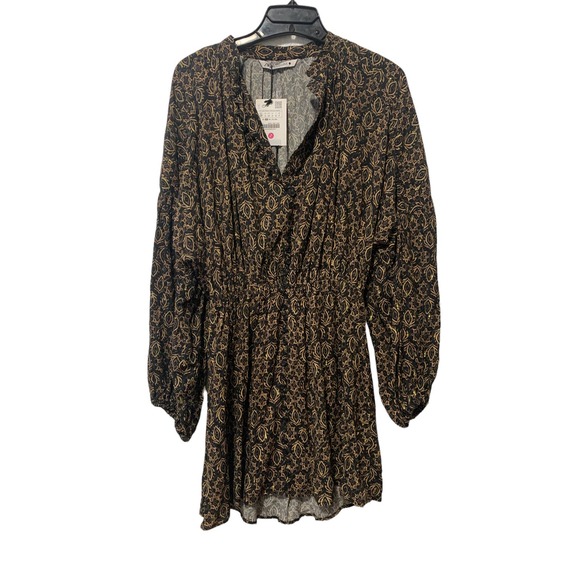 Zara Black Gold Metallic Print Long Sleeve Button Front Mini Dress Size Small - Picture 4 of 12